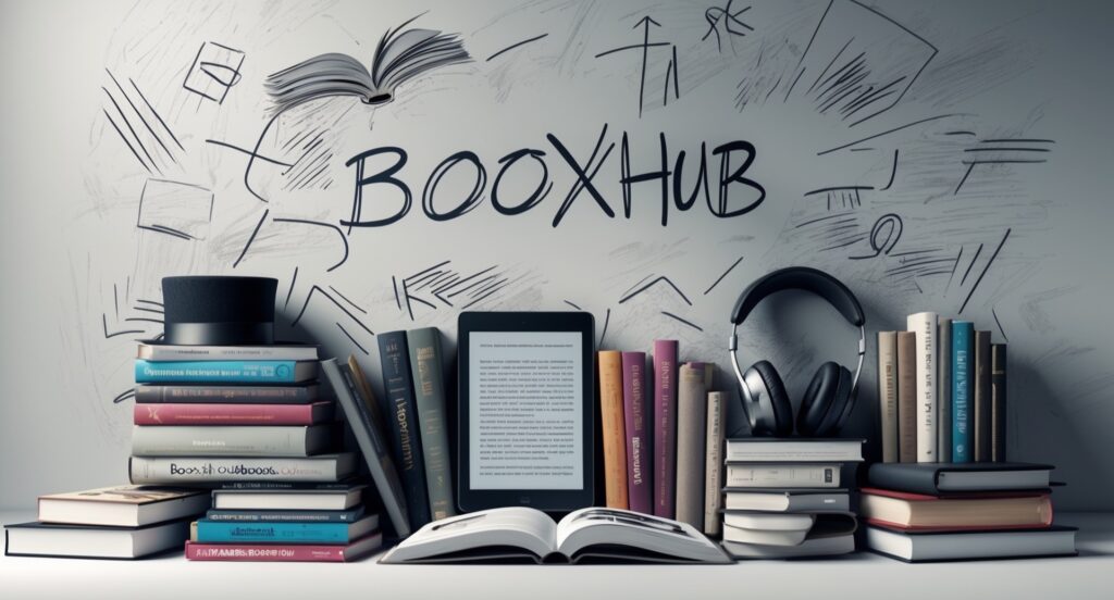 Monochrome artistic illustration of stacked books, an open Kindle, and headphones on a desk with ‘BooxHub’ written in comic-style lettering, symbolizing creativity, storytelling, and reading culture.
