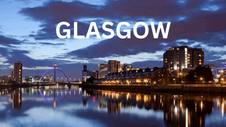 Stack of travel books about Glasgow with a scenic city background, preparing for a 2025 trip