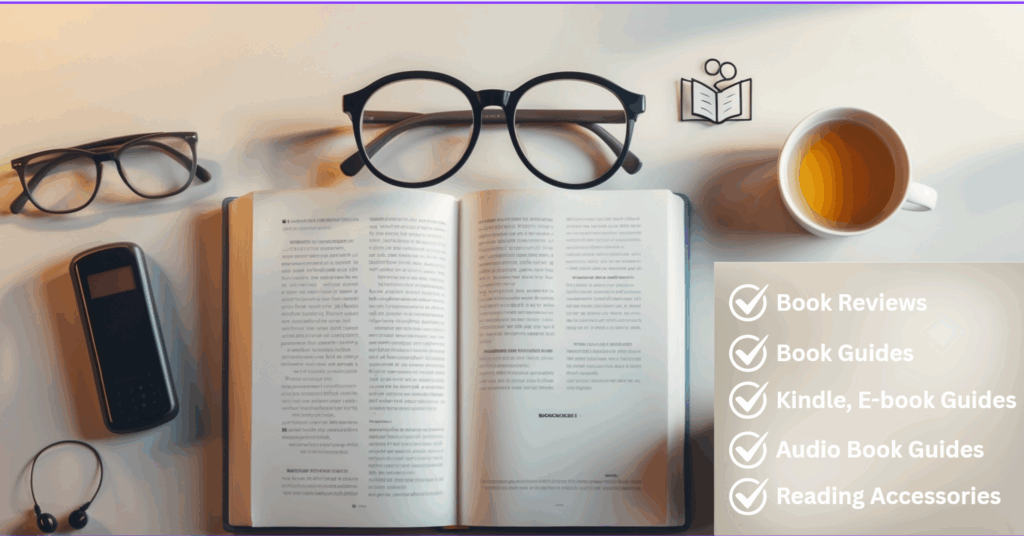 Flat lay of open book, glasses, Kindle device, headphones, and tea cup with checklist text showing BooxHub Services, Book Reviews, Guides, and Accessories.