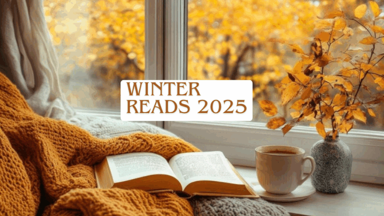 An open book resting on a cozy blanket by a window with autumn leaves outside, perfect for winter reading 2025.